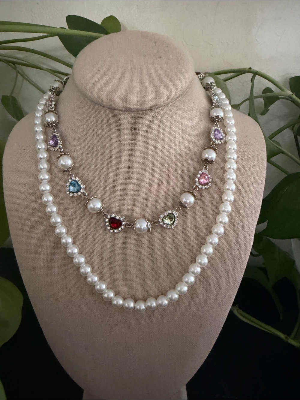 Vintage White Pearl & Crystal Heart Charms Multi Strand Necklace
